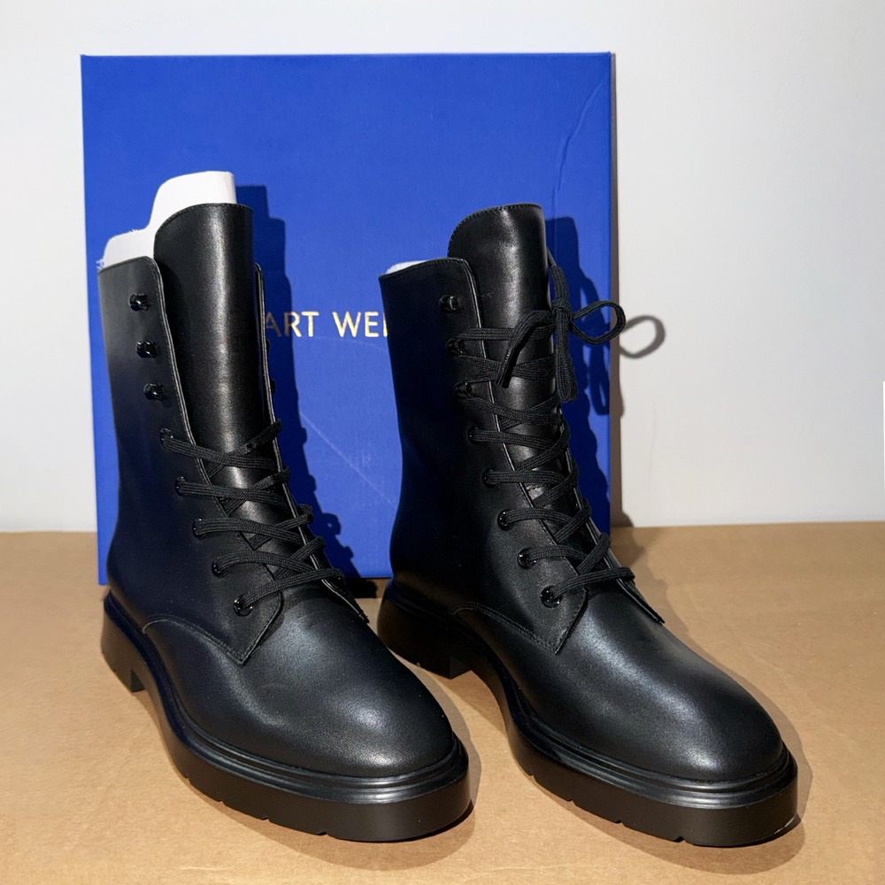 Stuart Weitzman Mckenzee Black Leather Lace Up Lug Sole Combat Boots US 5B NEW